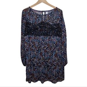 Xhilaration | Floral Print Boho Dress Crochet Lace Front Sheer Upper & Sleeves
